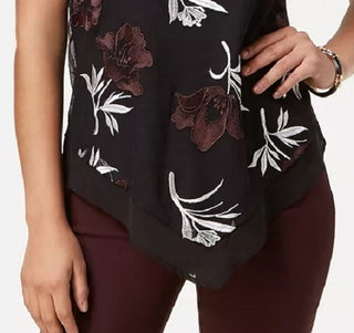 Blusa feminina Alfani preta assimétrica com decote em joia e estampa floral, tamanho pequeno, vermelha