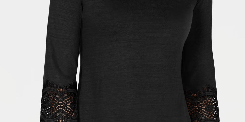 Top feminino Charter Club com acabamento em renda e algodão, preto, tamanho médio