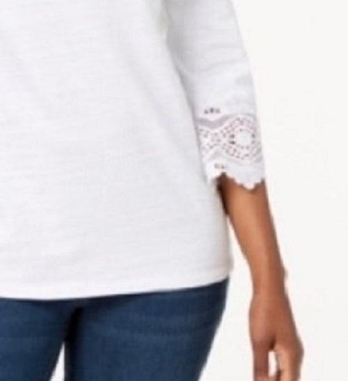 Top feminino Charter Club de algodão com acabamento em renda, branco, tamanho pequeno