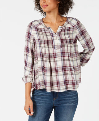 Blusa plissada xadrez feminina Style &amp; Co, roxa, tamanho pequeno, médio