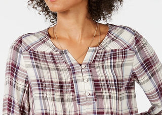 Blusa plissada xadrez feminina Style &amp; Co, roxa, tamanho pequeno, médio
