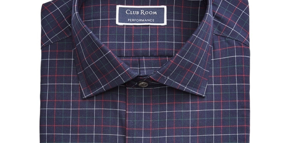Camisa social masculina Club Room azul marinho com gola xadrez e ajuste clássico, resistente a rugas, tamanho 17,5 x 32-33