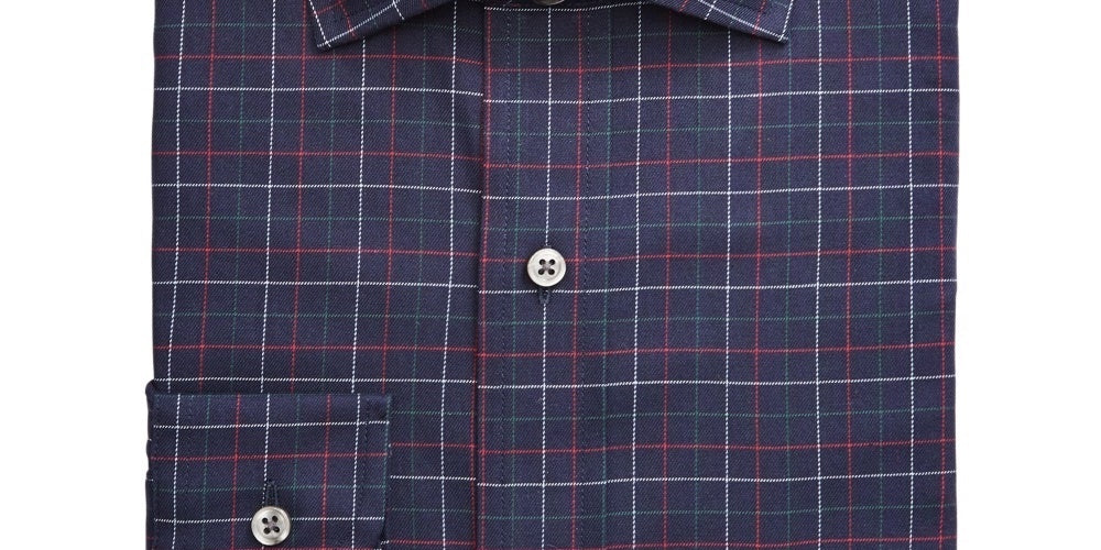 Camisa social masculina Club Room azul marinho com gola xadrez e ajuste clássico, resistente a rugas, tamanho 17,5 x 32-33