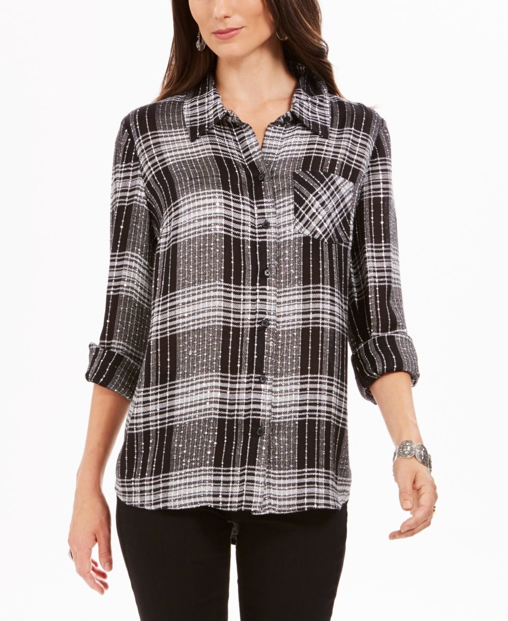Camisa xadrez brilhante feminina Style &amp; Co, preta, tamanho médio