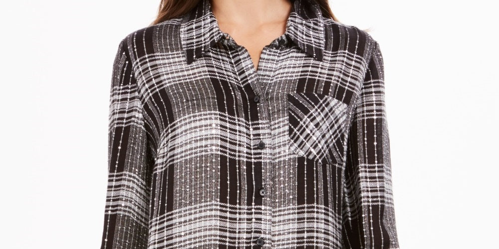 Camisa xadrez brilhante feminina Style &amp; Co, preta, tamanho médio
