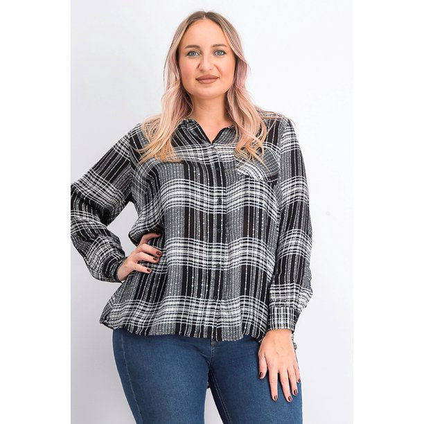 Camisa xadrez brilhante feminina Style &amp; Co, preta, tamanho pequeno