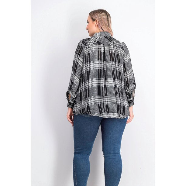 Camisa xadrez brilhante feminina Style &amp; Co, preta, tamanho pequeno