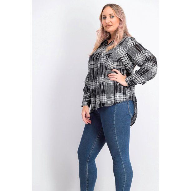 Camisa xadrez brilhante feminina Style &amp; Co, preta, tamanho pequeno