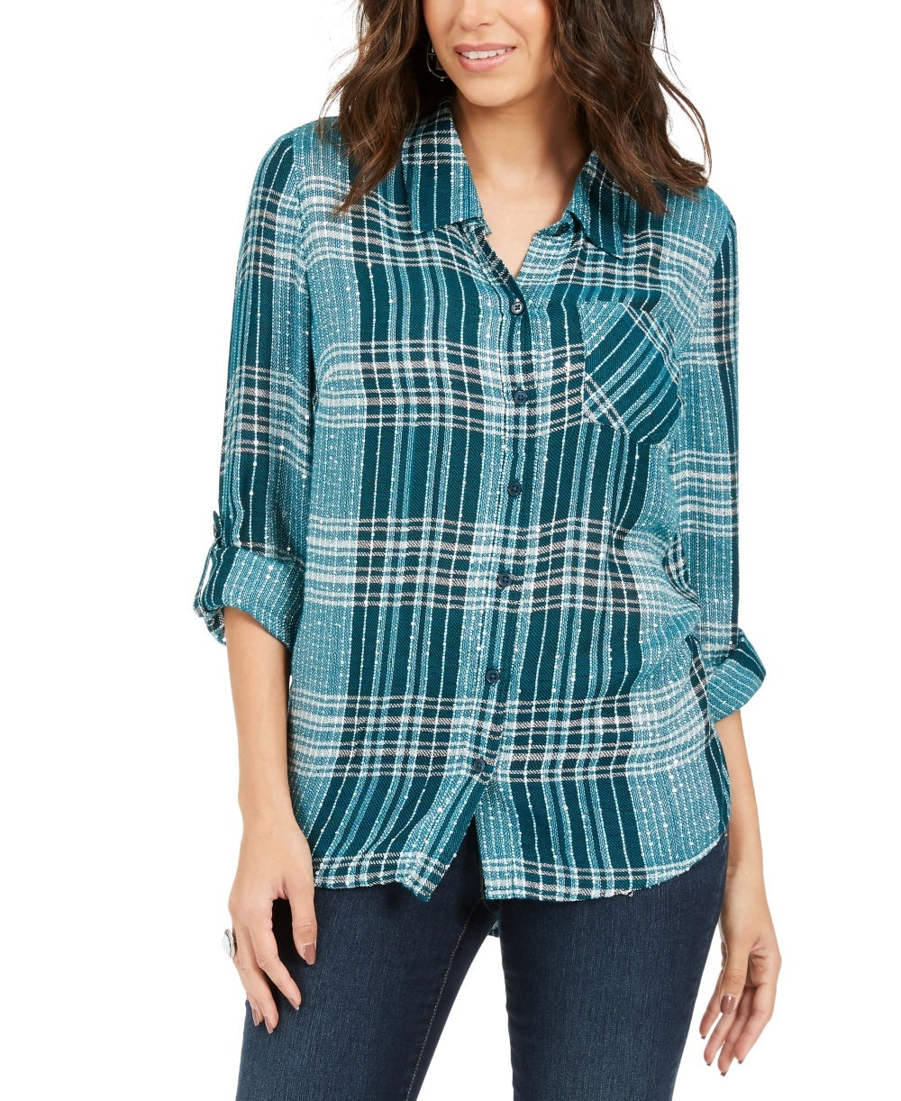 Camisa xadrez brilhante feminina Style &amp; Co, verde, tamanho XS