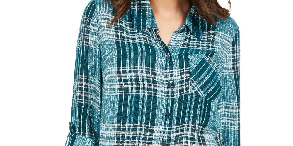 Camisa xadrez brilhante feminina Style &amp; Co, verde, tamanho XS