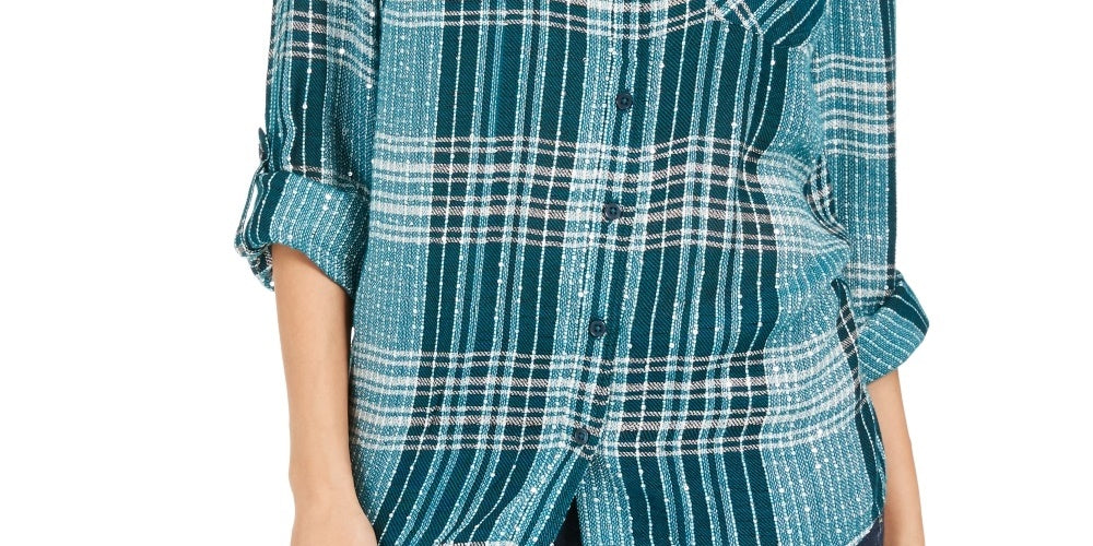 Camisa xadrez brilhante feminina Style &amp; Co, verde, tamanho XS