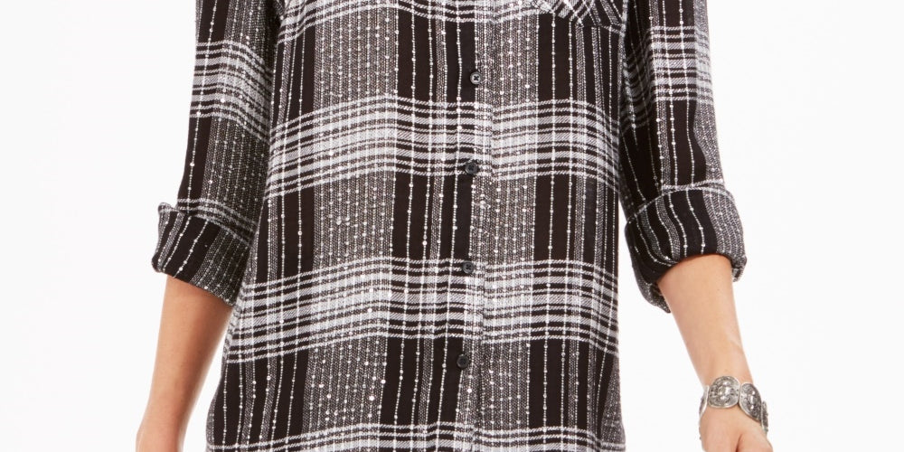 Camisa xadrez feminina com lantejoulas Style &amp; Co, preta, tamanho pequeno e pequeno