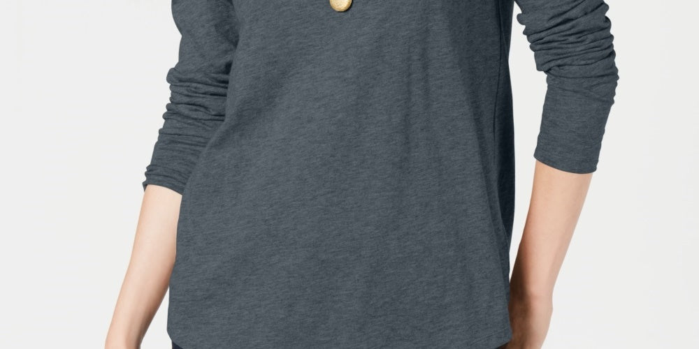 Blusa feminina de manga comprida e gola redonda, cor carvão, tamanho médio, Style &amp; Co