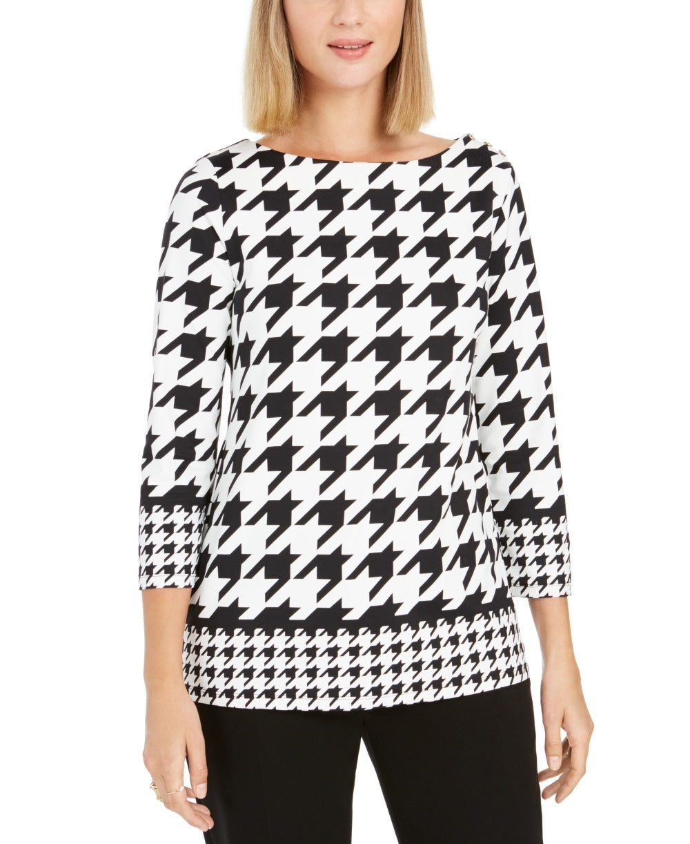 Blusa feminina Charter Club com estampa pied-de-poule e manga 3/4, preta, tamanho pequeno