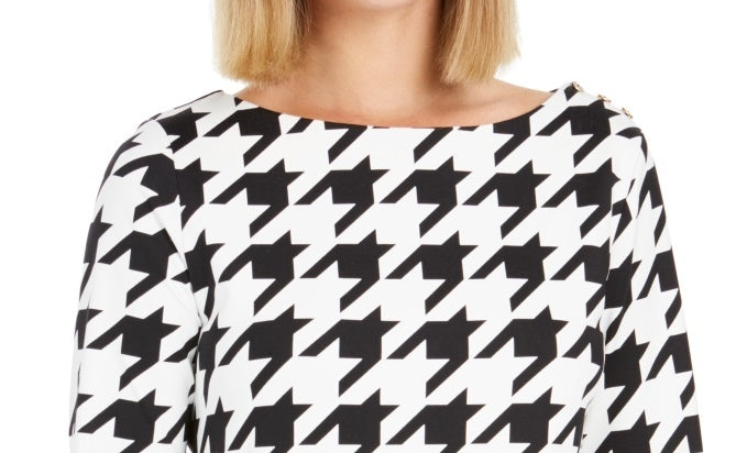Blusa feminina Charter Club com estampa pied-de-poule e manga 3/4, preta, tamanho pequeno