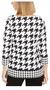 Blusa feminina Charter Club com estampa pied-de-poule e manga 3/4, preta, tamanho pequeno