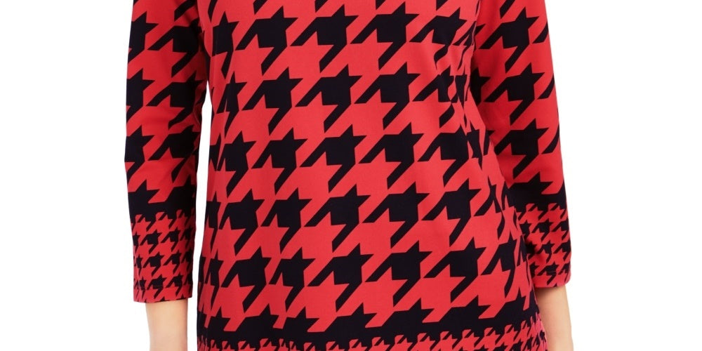 Blusa feminina Charter Club com estampa pied-de-poule e manga 3/4, vermelha, tamanho grande