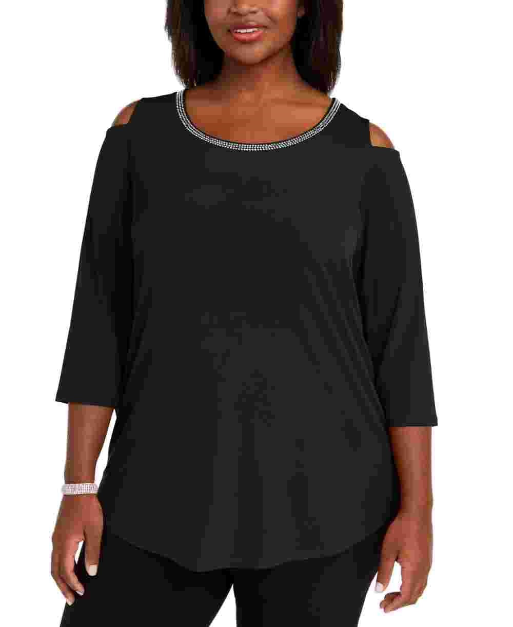 Túnica feminina plus size com acabamento em diamante e ombros descobertos, preta, tamanho 0X