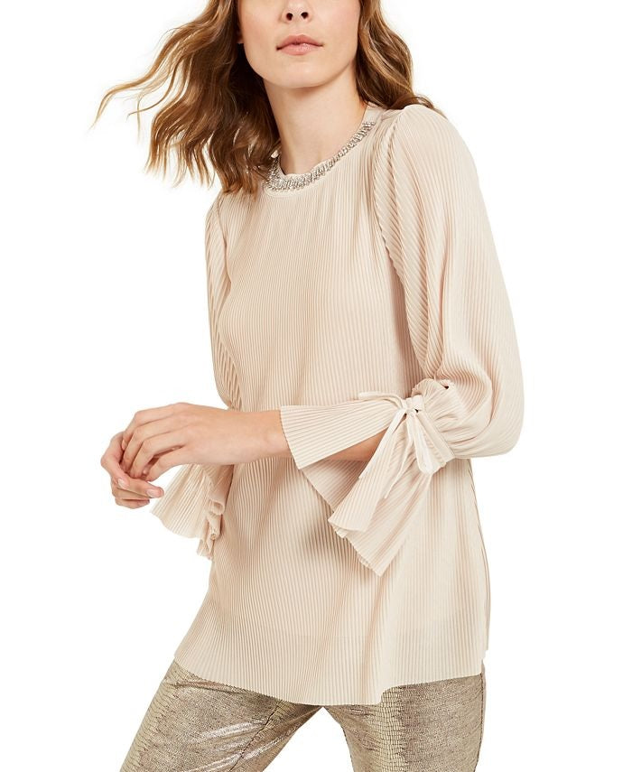Blusa feminina Alfani com listras texturizadas e decote embelezado, bege, tamanho pequeno