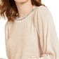 Blusa feminina Alfani com listras texturizadas e decote embelezado, bege, tamanho pequeno