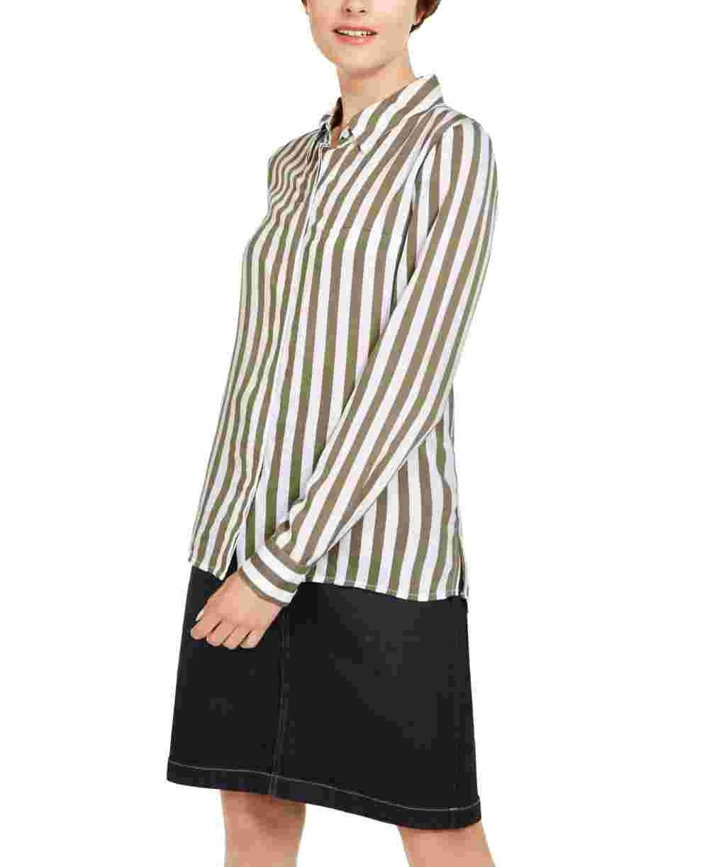Camisa listrada feminina com botões INC International Concepts, verde, tamanho pequeno