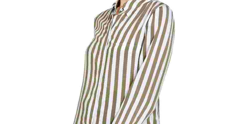 Camisa listrada feminina com botões INC International Concepts, verde, tamanho pequeno