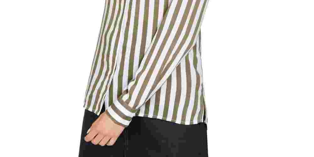 Camisa listrada feminina com botões INC International Concepts, verde, tamanho pequeno