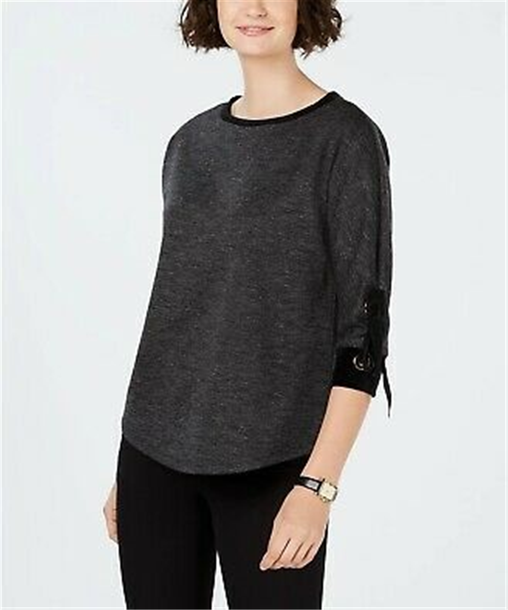 Charter Club Blusa feminina com manga amarrada, preta, tamanho pequeno, extragrande