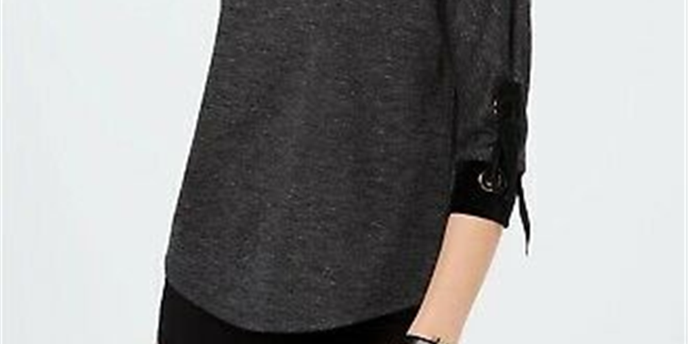 Charter Club Blusa feminina com manga amarrada, preta, tamanho pequeno, extragrande