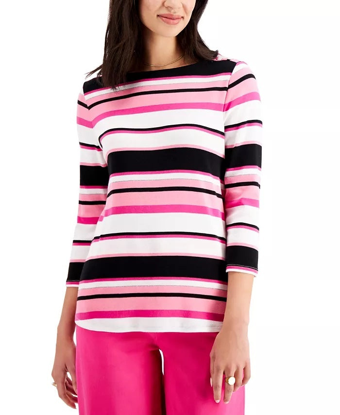 Charter Club Top feminino listrado de algodão Pima com botões e ombros, branco, tamanho XX-G