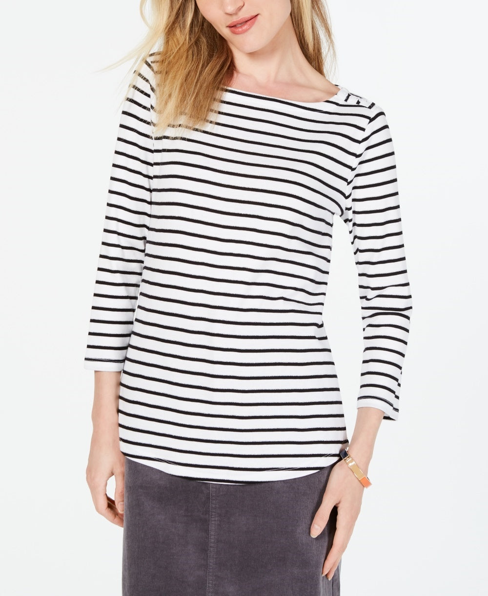 Charter Club Top feminino listrado de algodão Pima com botões e ombros, branco, tamanho pequeno