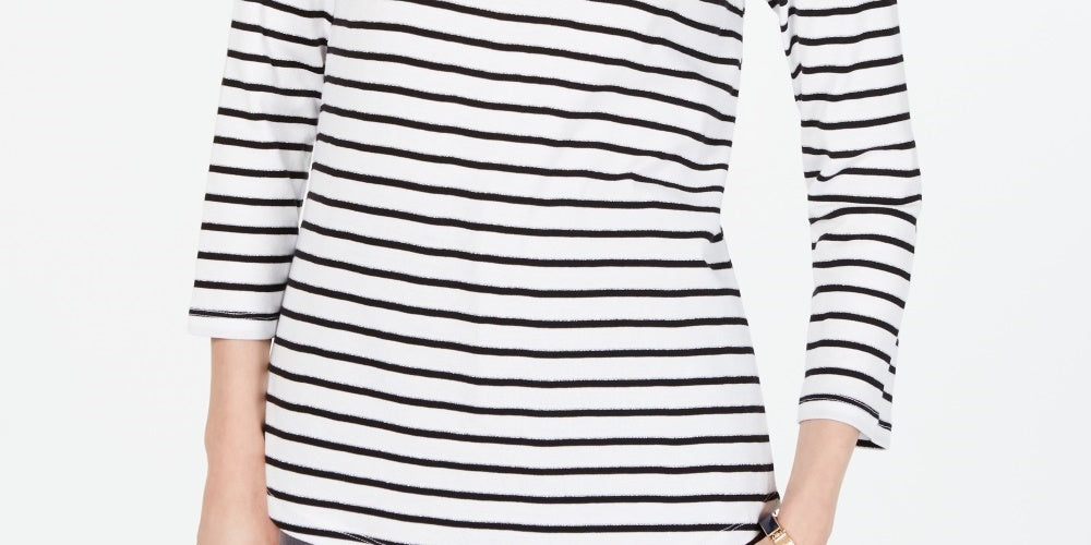 Charter Club Top feminino listrado de algodão Pima com botões e ombros, branco, tamanho pequeno