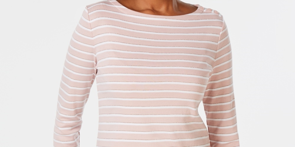 Charter Club Top feminino listrado de algodão Pima com botões e ombros de fora, rosa, tamanho pequeno, extragrande