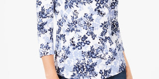 Charter Club Women's Pima Cotton Button Shoulder Print Top White Size Petite Medium