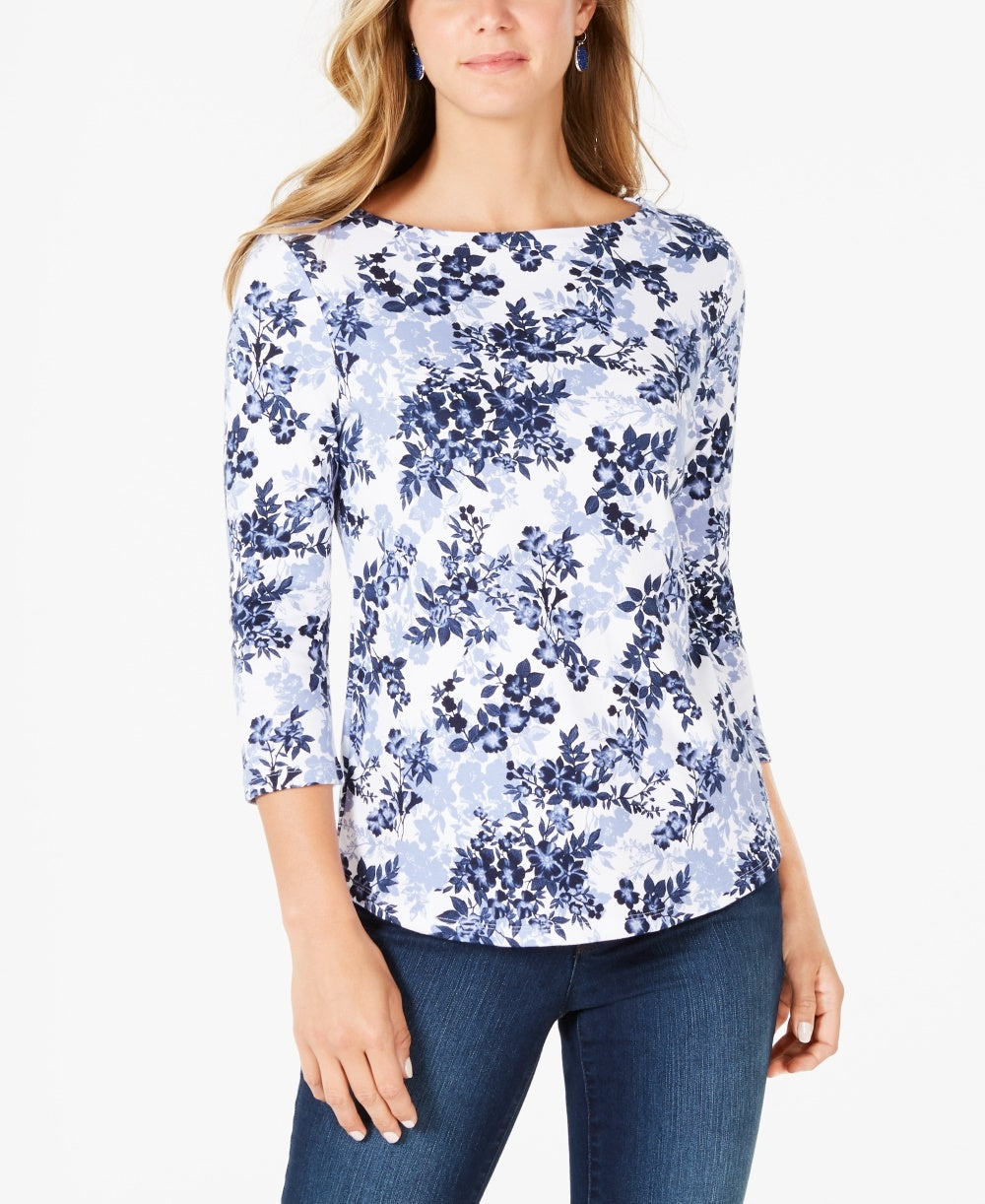 Charter Club Petite Pima Cotton Women's Top com estampa de botões e ombros, tamanho pequeno, branco