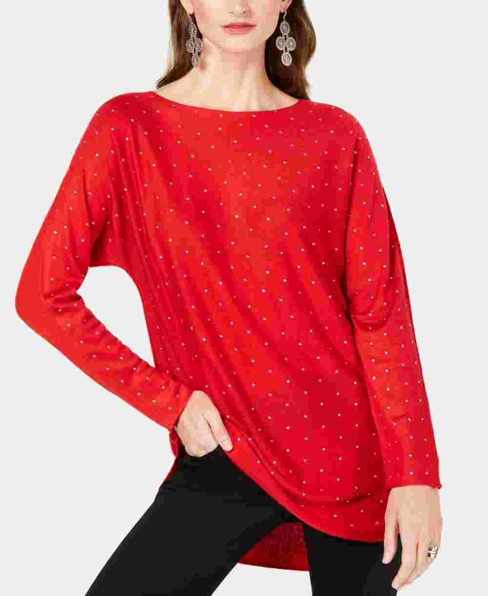 Suéter feminino com aba de camisa embelezada INC International Concepts, vermelho, tamanho pequeno