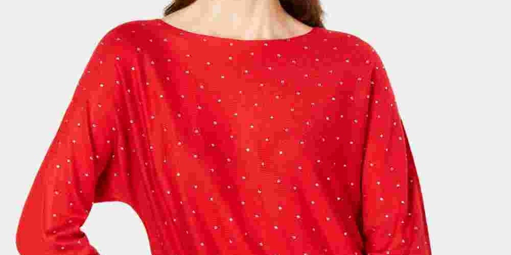 Suéter feminino com aba de camisa embelezada INC International Concepts, vermelho, tamanho pequeno