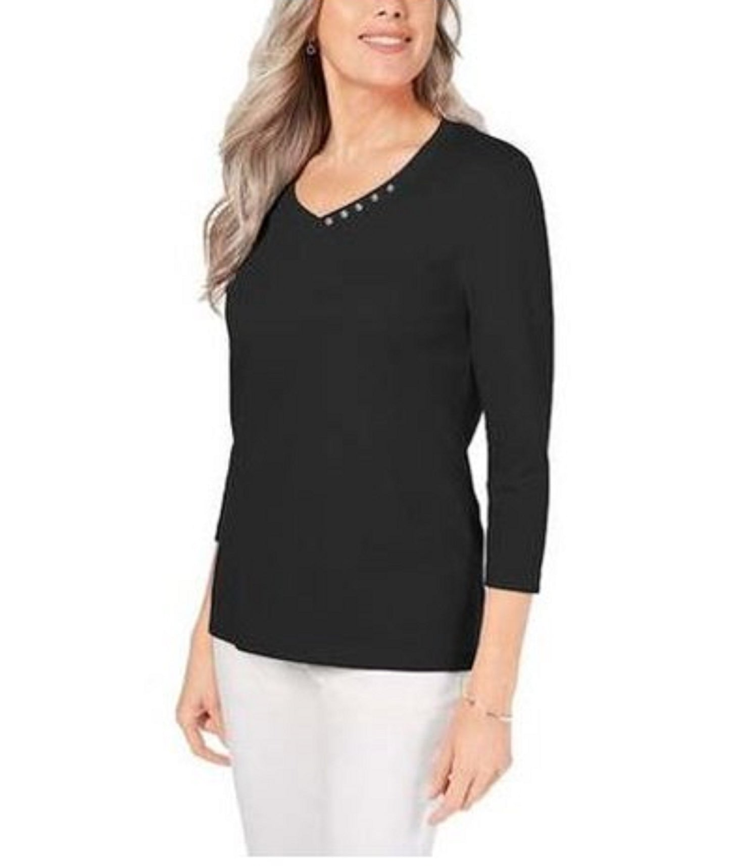 Blusa feminina Karen Scott de algodão com acabamento em botões, preta, tamanho pequeno