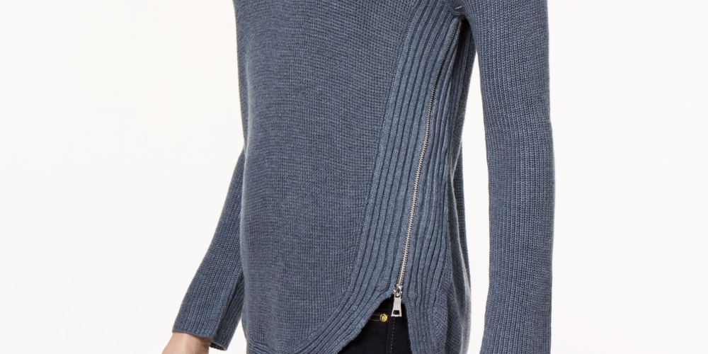 Suéter túnica feminino de malha waffle com zíper lateral, tamanho pequeno, cinza, da INC International Concepts