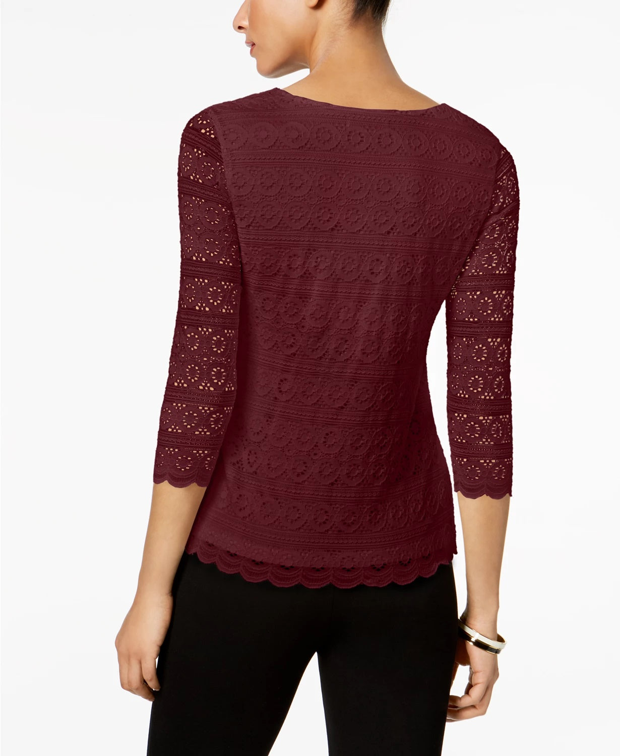 Charter Club feminino, blusa de renda pequena com manga 3/4, tamanho vinho, pequena