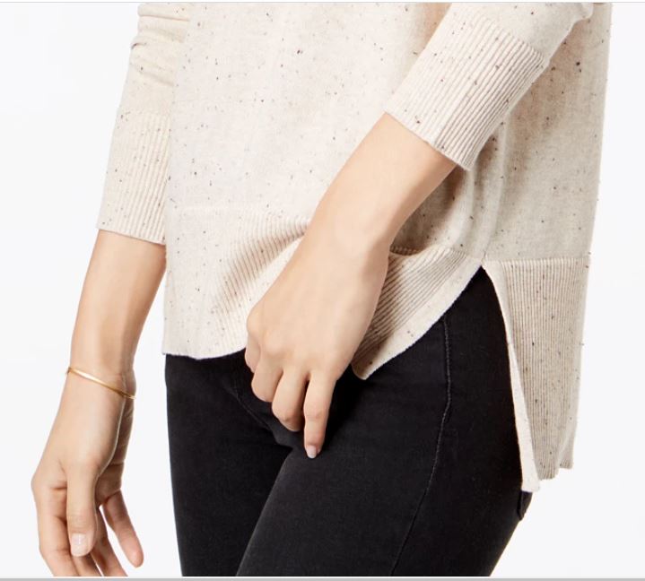 Suéter túnica feminino Maison Jules de algodão com decote em V, bege, tamanho médio