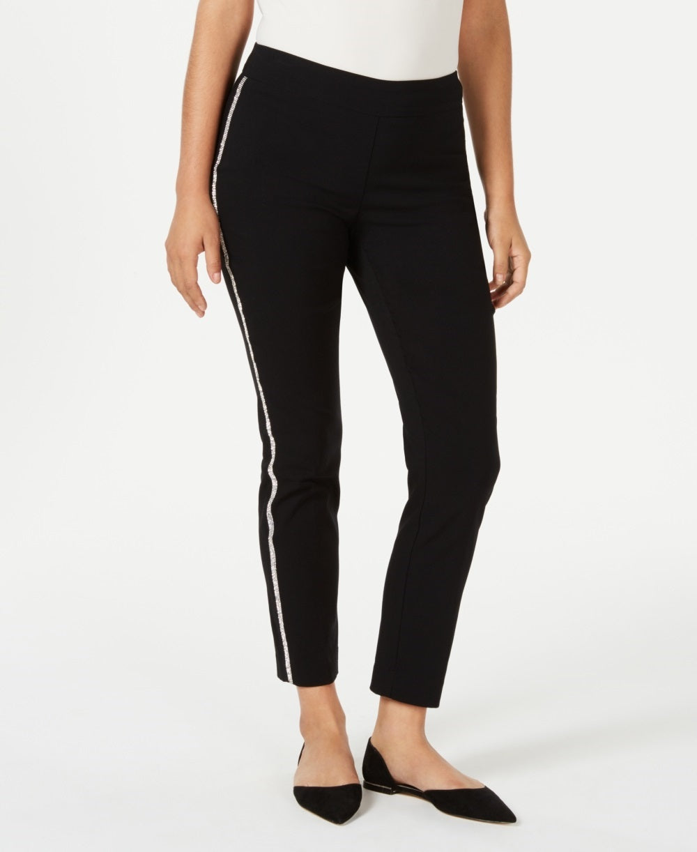 Calça feminina JM Collection Petite com listras laterais e controle de barriga, preta, tamanho Petite X-Large