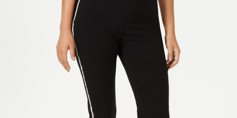 Calça feminina JM Collection Petite com listras laterais e controle de barriga, preta, tamanho Petite X-Large