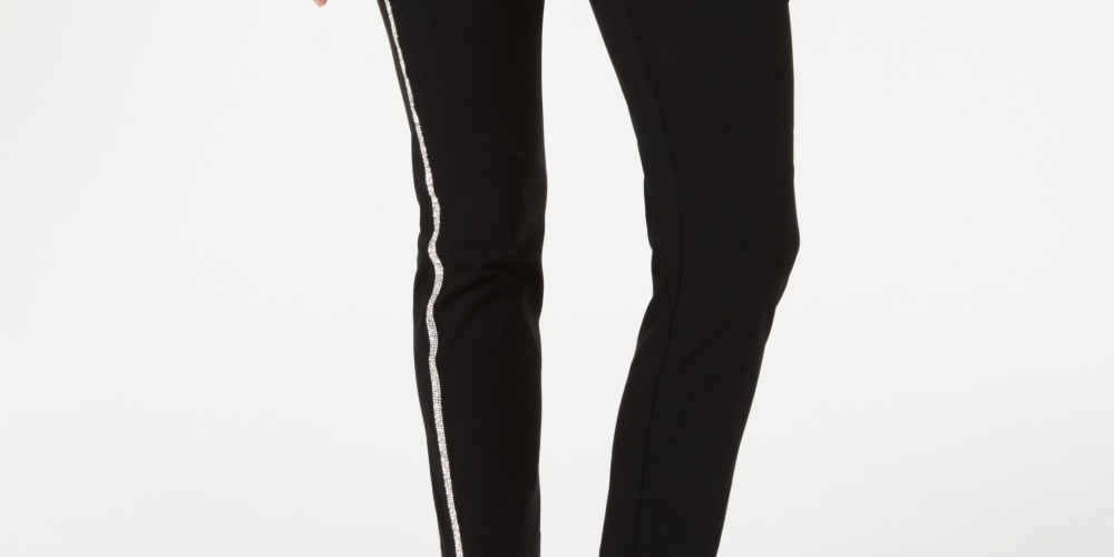 Calça feminina JM Collection Petite com listras laterais e controle de barriga, preta, tamanho Petite X-Large