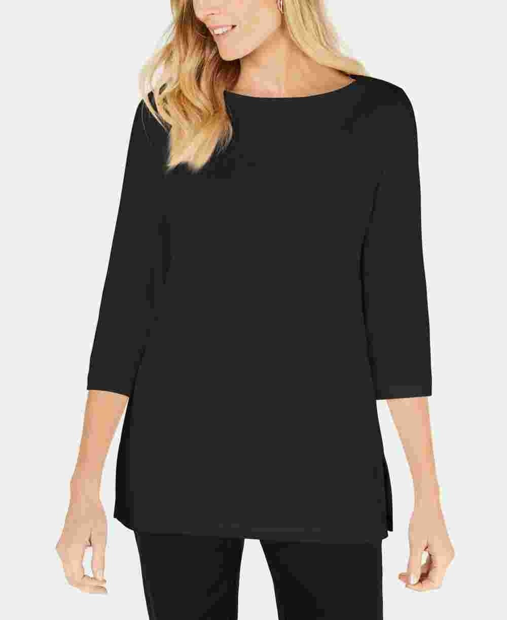 Karen Scott Blusa de malha feminina de algodão com gola canoa e manga 3/4, preta, tamanho pequeno