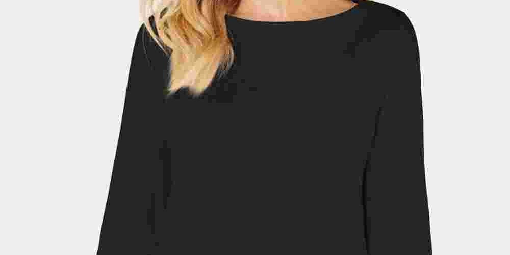 Karen Scott Blusa de malha feminina de algodão com gola canoa e manga 3/4, preta, tamanho pequeno