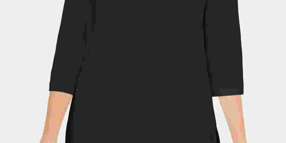 Karen Scott Blusa de malha feminina de algodão com gola canoa e manga 3/4, preta, tamanho pequeno