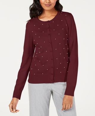 Charter Club Women's Pearl Embellished Button-Down Cardigan Wine Size Medium