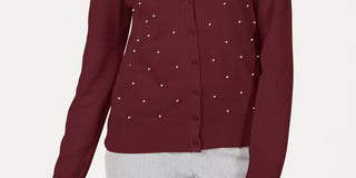 Charter Club Women's Pearl Embellished Button-Down Cardigan Wine Size Medium