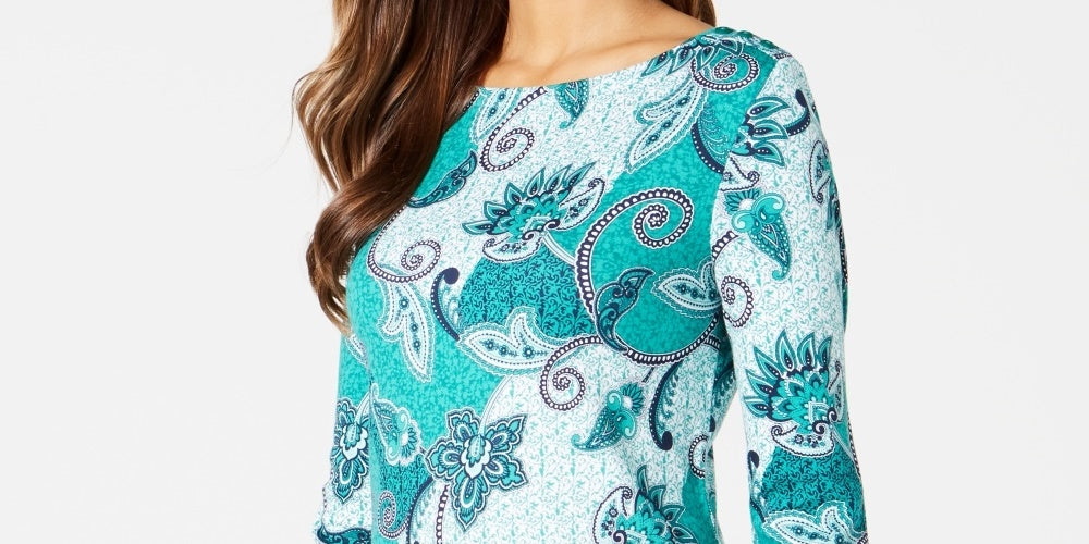 Camiseta feminina Charter Club de algodão estampado com manga 3/4, verde, tamanho X-G